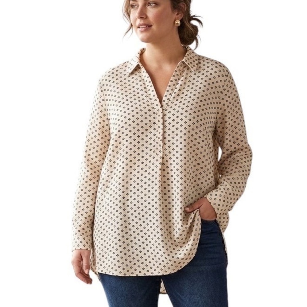 Ann Taylor Womens XXL Linen Blend Geometric Henley Long Sleeve Blouse‎ Cream